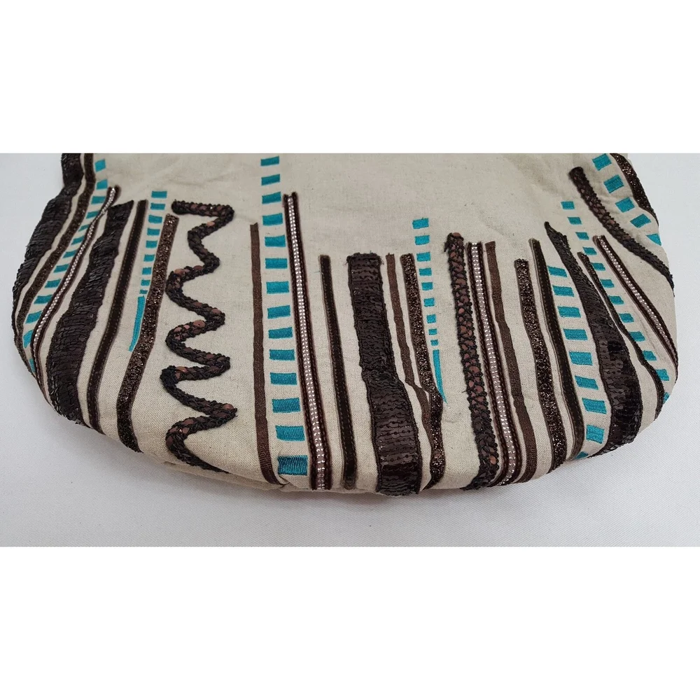 Chicos Womens Purse Beaded Embroidery Sequin Bag Wood Handles Tan Blue